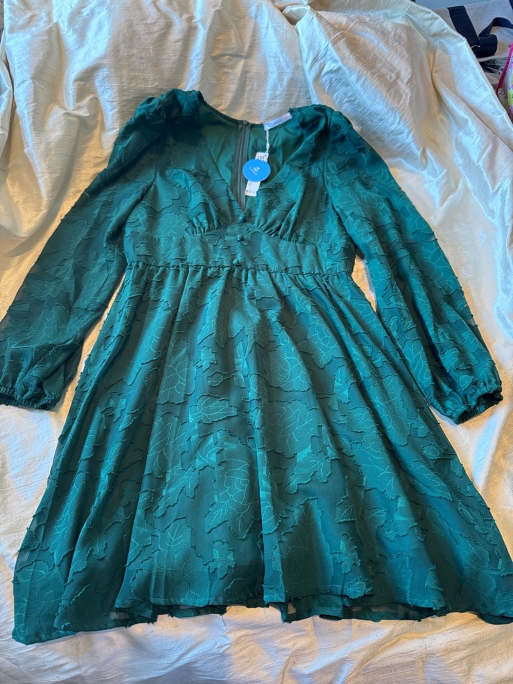 Cupshe Emerald Green Long-Sleeve V‑Neck Floral Textured Dress NWT